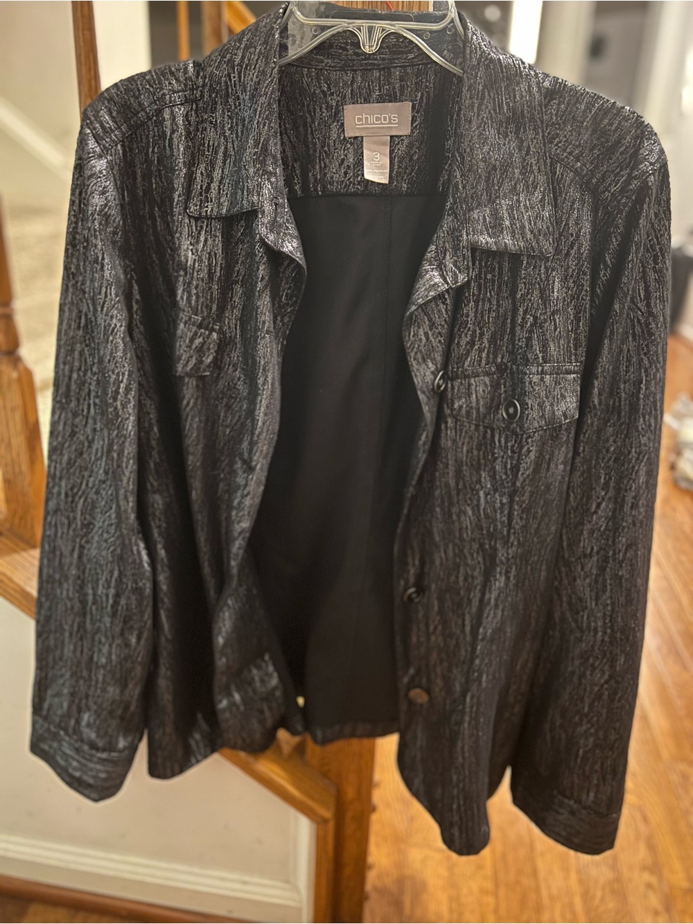 Chico's Shimmery Black Textured Button-Front Jacket